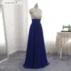 Espumante top vestidos de noite azul royal longo vestido de baile colher aberto para trás plissados ​​chiffon longo vestido formal