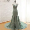 Elegant Backless Sexy Mermaid Evening Dresses Long Beaded Spaghetti Straps Chiffon Evening Gowns Chapel Train Real Photo Formal Gown