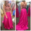 2016 Charming Two Pieces Long Prom Gowns Beaded Sequins Top High Neck Arabic Indian Party Graduation Dresses Bright Rose Red Custom Made