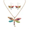 NEW punk style fashion 18KGP / 925 silver lifelike Drip Rainbowful Dragonfly shape jewelry set alloy necklace earrings accessories for women