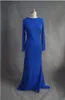 2015 Royal Blue Mermaid aftonklänningar Hög hals Långa ärmar korsar backless spandex formella klänningar långa kvinnor maxi prom party go3529129