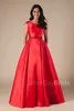 New Long Red A-line Modest Pom Dresses With Sleeves Pockets Satin Simple Elegant Teens Girls Formal Prom Party Gowns Custom Made F225D