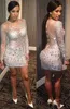 2017 Beaded Evening Dress Sheath Crew Crystals Illusion Neckline Long Sleeve Prom Dresses Back Zipper Sequins Short Party Cocktail Gown