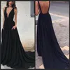 Jurken Evening Wear Back Deep V-hals Zwart Prom Dresses voor Dikke Dames Een lijn Formele jurk Avondkleding met zakken