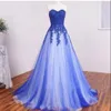 Amostra real Azul Royal Vestidos de Baile de Dois Tons Do Marfim Tule Uma Linha Querida Decote Lace Barato Apliques Sem Mangas Comprimento Vestido de Noite Comprimento