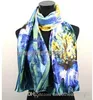 1st Gulblå Lily Flower Scarves Satin Oil Målning Lång wrap Shawl Beach Silk Scarf 160x50cm3170