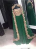 Dubai Caftan Evening Dresses 2018 Appliques Beads Green Chiffon Prom Dresses Cape Style High Neck Saudi Arabic Formal Party Dress Vestidos