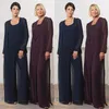 Hot Sale Elegant Bröllop Byxa Passar Mor av Bruden Klänningar Mörka Navy Grape Lila Chiffon Custom Made For Wedding Party