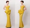 Yellow Arabic Dubai Style Evening Dresses 2016 Sheath Ruched Satin Prom Dress Floor Length Zipper Back Vestidos De Fiesta Pageant Gown