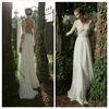 See Through Sexy Wedding Dresses with Sheer Long Sleeves Applique Chiffon Lace Berta Bridal Dresses Backless Beach Wedding Gowns 2015