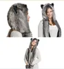 Winter Faux Fur Full Animal Wolf Hood Hat 3-in-1 Mittens Cartoon Scarf Gloves Spirit Paws Ears