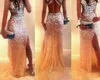 2018 Sparkly Beaded Sheath Prom Dresses Silver Long Sexy Evening Party Dresses with Cross Back Side Slit Formal Occasion Gowns Custom Made