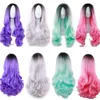 Multicolor Women Long Wave Synthetic Dyed Wig Ladies Black Purple Pink Gray Gradient Heat Resistant Cosplay Wigs Ombre Color Wavy Hair Caps