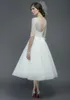 Unique Style A Line Bateau Tea Length White Organza Lace Neckline Garden Wedding Dresses With Half Sleeve Low Back Beach Bridal Wedding Gown