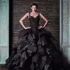 Rami Kadi Black Ball Gown Wedding Dresses Spaghetti Straps Vintage Lace Organza Ruffles Puffy Gothic Bridal Formal Dress Wedding Gowns