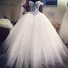 2018 Günstige Bling Ballkleid Puffy Brautkleider Schatz Spitze Applikationen Perlen Perlen Tüll Illusion Lange Sweep Zug Formelle Brautkleider