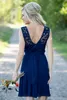 2018 Cheap Country Bridesmaid Dresses For Weddings Illusion Neck Chiffon Lace Navy Blue Party Knee Length Short With Sashes Maid Honor Gowns