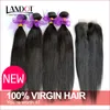 5 stks Kavel Peruviaans Maagd Haar recht met sluiting 7A Onverwerkte Menselijk Haar Weave 4 Bundels Voeg 1pc Kantsluitingen Toevoegen Natuurlijke Black Extensions