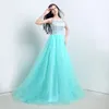 2015 Ny lager Elegant A-Line Mint Green Lace Aftonklänningar med Appliques Golvlängd Billiga Prom Party Gowns Vestidos de Festa