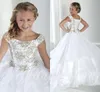 Tiered Tulle Crystal Long Girl's Pageant Vestidos Cap Sleeves Lace Up Back Princess Flower Girls Dress Cheap Formal Party Gown261P