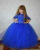 Royal Blue Half Lace Sleeves Girls Pageant Klänningar 2016 Stain Knee Length Flower Girls Klänningar med Avtagbar Tulle Kjol