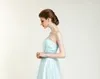 무료 배송 공주 디자인 간단한 A 라인 Strapless 바닥 길이 파란색 스팽글 새시 들러리 드레스