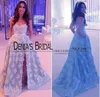 Light Blue Prom Dresses 2016 with Side Slit A Line Beaded Lace Appliqued Sweep Train Evening Gowns