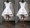 2018 Real Image White Short Homecoming Dresses Sheer Neck Cap Sleeves Appliques Lace Satin Custom Made High Low Prom Dresses Fast Shipping