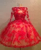 빨간 공 가운 짧은 웨딩 드레스 아플리케 티 길이 긴 소매 결혼식 교회 레이스 서양 스타일 세련된 웨딩 드레스