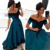 2021 Fashion Off Shoulder Prom Dresses met korte mouwen Zwart Kant Teal Satin A-lijn Avond Formele Jurken Goedkope Princess Ruched NIEUW