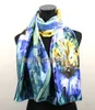 1 pièces jaune bleu lys fleur foulards Satin peinture à l'huile longue enveloppe châle plage foulard en soie 160X50cm2210