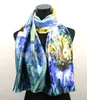 1st Gulblå Lily Flower Scarves Satin Oil Målning Lång wrap Shawl Beach Silk Scarf 160x50cm3170