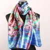 1pcs Red Green Sunflowers Scarf Royal Blue Color Women's Fashion Satin Oil Painting Long Wrap Shawl Beach Silk 160X50cm