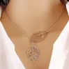 Simple European New Fashion Vintage Punk Gold Hollow Two Leaf Leaves Pendant Necklace Clavicle Chain Charm Jewelry Women Free Shipping
