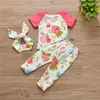 Infantil Do Bebê Roupas de Algodão Puro Casual Flores de Manga Curta camiseta + Calças + Headband 3 Pcs Outfits Recém-nascidos Da Criança Do Bebê Meninas Roupas conjunto