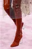 패션 여성 허벅지 높은 부츠 9cm Perspex 하이힐을 무릎에 연예인 신발 클리어 하이힐 레드 블루 블랙 사이즈 35-42