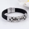 GNAYY nueva promoción pulsera de plata de acero inoxidable con cristales brazalete de cuero genuino grande 15mm 8,66 ''47g regalos de peso