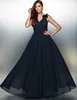 Formal Dark Navy A-line V-neck Floor-length Bridesmaid Dress Chiffon Sleeveless Formal Evening Dress