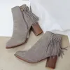 5T Heiße Frauen Mode Quaste Stiefel Chunky Heel Vintage Wildleder Leder Ankle Booties Casual Schuhe Größe Eu 35-40