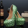 Round Toe Rhinestone Platform High-Heeled Fuchsia and Green Wedding Shoes Crystal Lady Shoes Luxury Evening Party Shoes