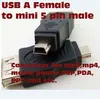 Atacado 100 pçs / lote Preto Feminino USB 2.0 A para Macho Mini 5 pinos B Adaptador Conversor cabo USB Para MP3 MP4