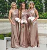 Rose Gold Lantejoulas Vestidos de Dama de Honra 2018 Sparkly Para Casamentos Um Ombro A Linha Longo Até O Chão Plus Size Vestidos de dama de honra Formal