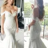 Gorgeous 2017 Off Ramię Koronki i Szyfonowe Suknie Ślubne Syrenka Sexy Aplikacja Kaplica Pociąg Suknia Bridal Custom Made China EN11158