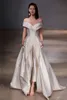 Fashion Two Pieces Jumpsuits Wedding Dresses A Line Off The Shoulder Peplum Bridal Gowns Satin Overskirt Split Front Vestido De Novia