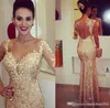 2019 Sparkly Seethrough V-Neck Mermaid Prom Klänningar Långärmad Guld Glitter Sequins Applqiue Öppna Baklösa Golvlängd Prom Lugnar