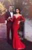 Arabic Red 2017 New Evening Dresses Long Sleeves Sexy Lace Mermaid Party Prom Gowns Sheer Neck Covered Button Back Vestidos de fiesta