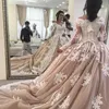 Luxe 2019 Ivoire Dentelle Dusty Rose Tulle Robe De Bal Robes De Mariée Avec Illusion À Manches Longues Appliques Chapelle Train Robes De Mariée EN12113