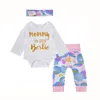 2018 Baby-Kleidungsset für Neugeborene, 3-teilig, goldfarbener Buchstabe, weißer Strampler, Overall + Blumenhose + Stirnband, Boutique-Mädchen-Set-Outfits