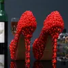 White and Red Flower High Heels Bridal Wedding Dress Shoes Crystal Ladies Party Proms Woman Beautiful Round Toe Dress Shoes
