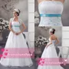 New Design Strapless 2015 Empire Waist Wedding Dresses With Light Sky Blue Beading Appliqued Satin Sash Plus Size Bridal PartyGowns WDH1-476